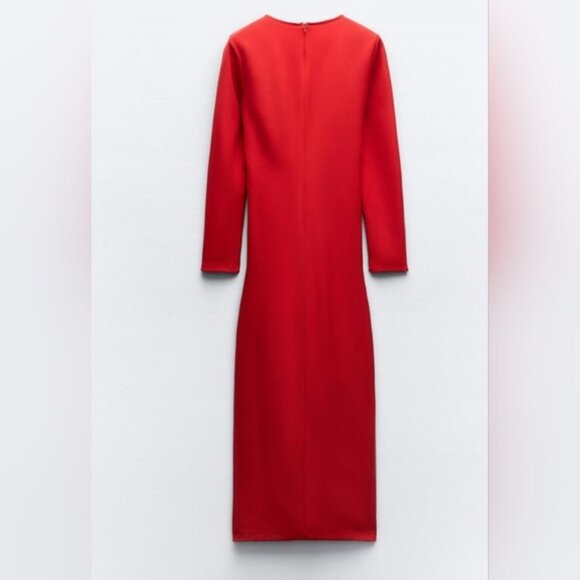 Zara XS Red Midi Dress, Round Neck, Long sleeve, Slit ans Drape in Front, Zip-up - Picture 2 of 16